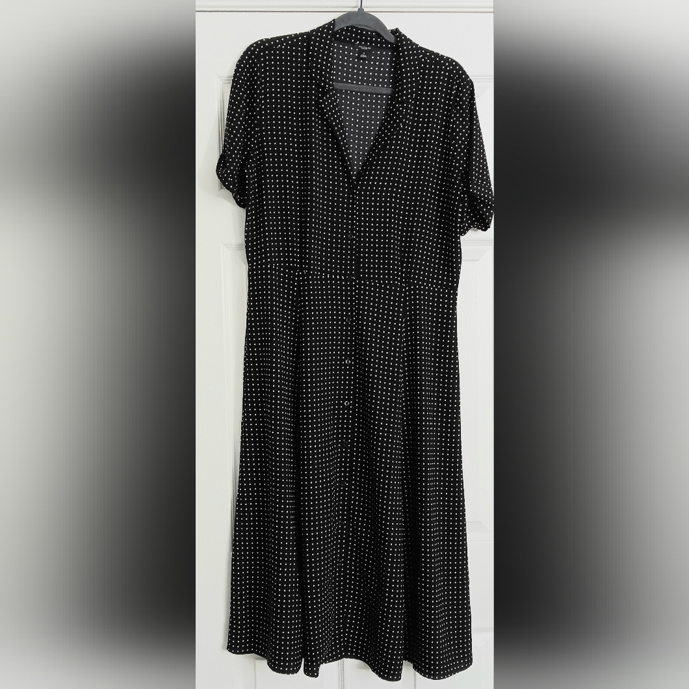 Ann Taylor Factory Dress Women's Size 10 Black Polka Dot Midi Button Down Pre-ow